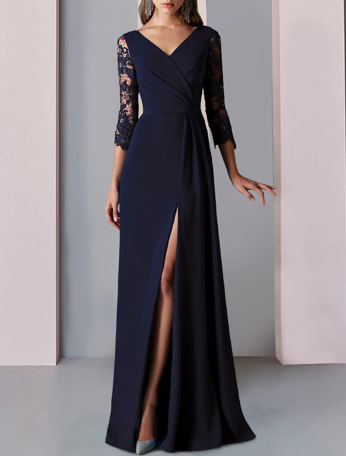 Wholesale A-Line Mother of the Bride Dress Formal Wedding Guest Elegant Party V Neck Floor Length Lace Stretch Chiffon 3/4 Length Sleeve with Appliques Split Front